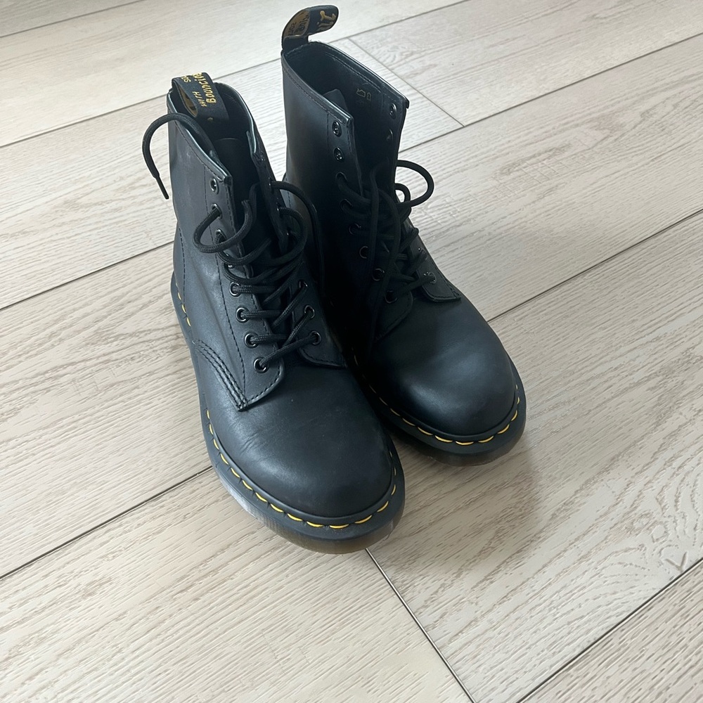 Dr. Martens Black Leather Boots with Yellow Tag